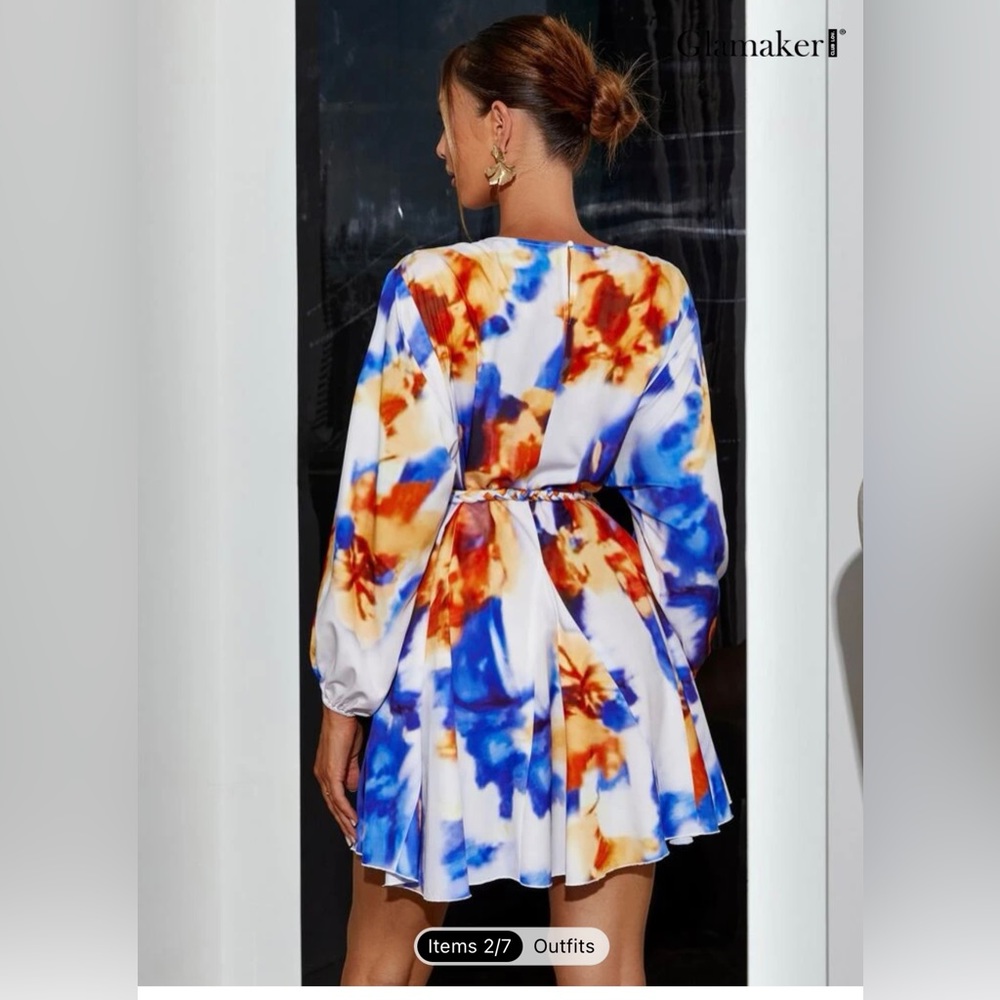 NWT Glamaker Tie Dye Lantern Sleeve Belted Dress size small - Picture 4 of 9